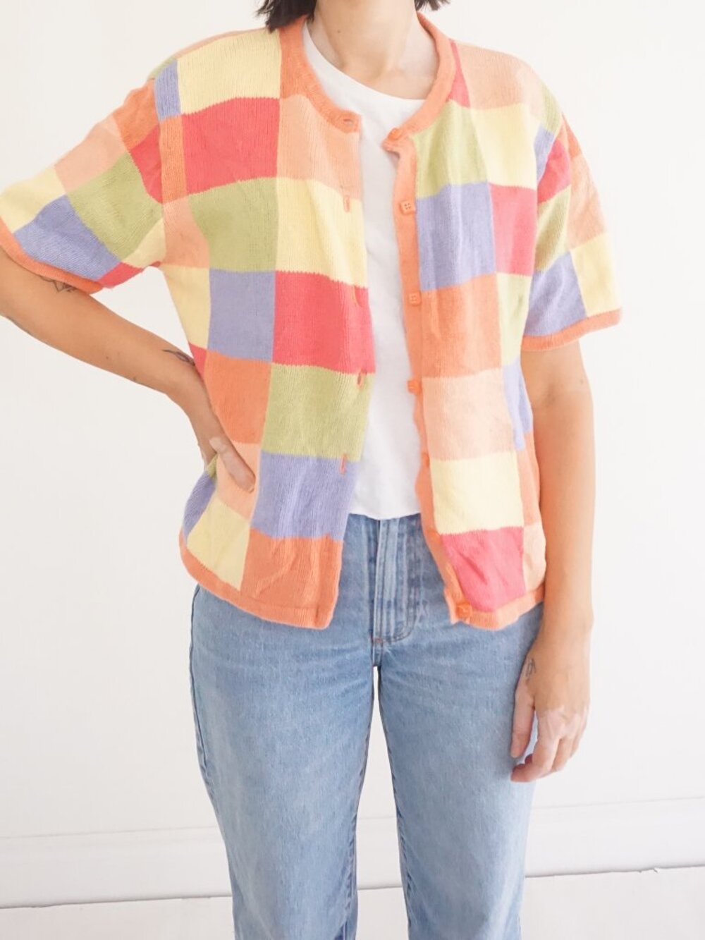 Christopher and Banks Pastel Check Short Sleeve Spring Cardigan L